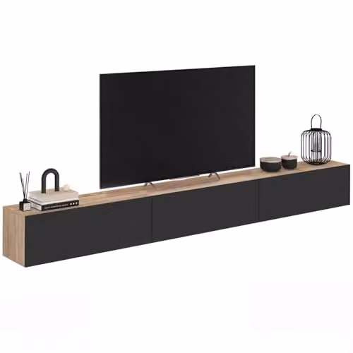 IDMarket - 270 cm ELIO mobile TV a 3 ante in legno e nero a parete