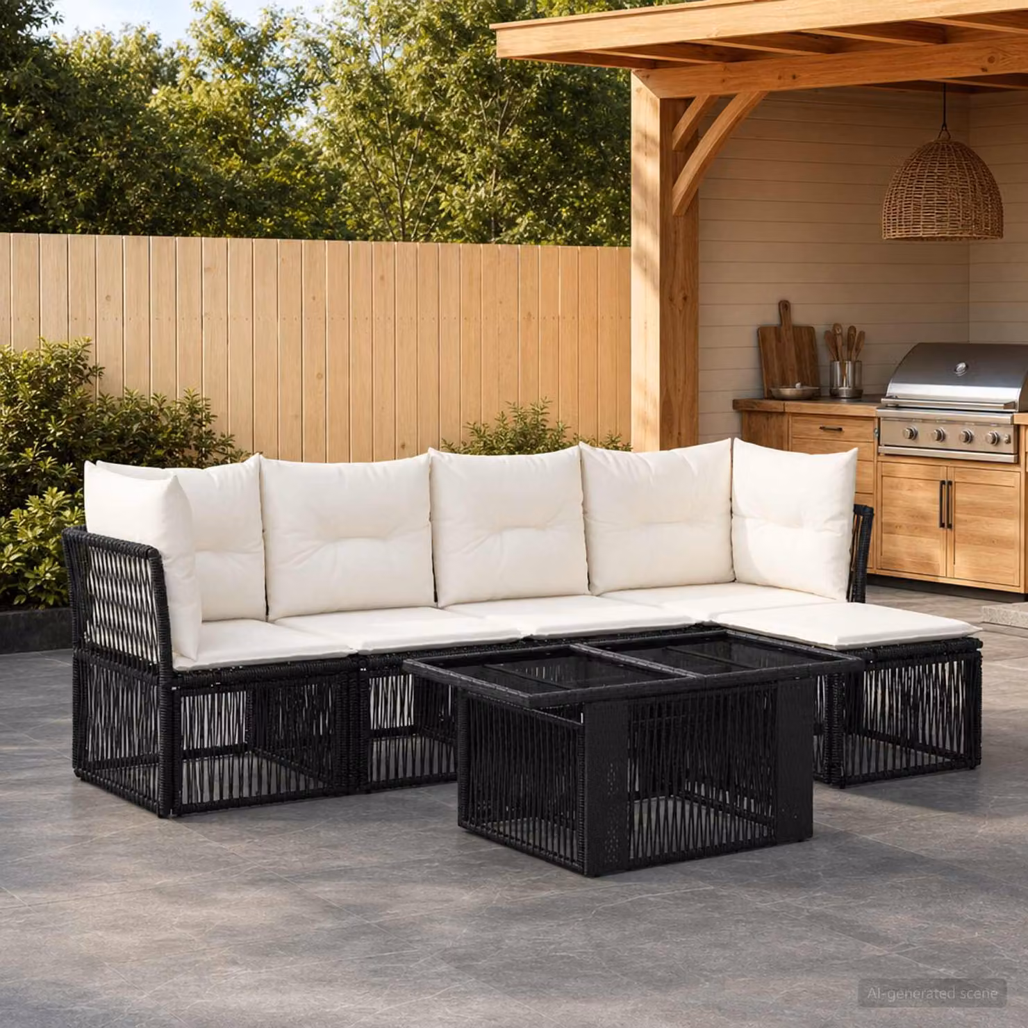 Set Divano da Giardino Moderno vidaXL in Polyrattan Nero con Cuscini e Tavolino da Esterno 6 pz