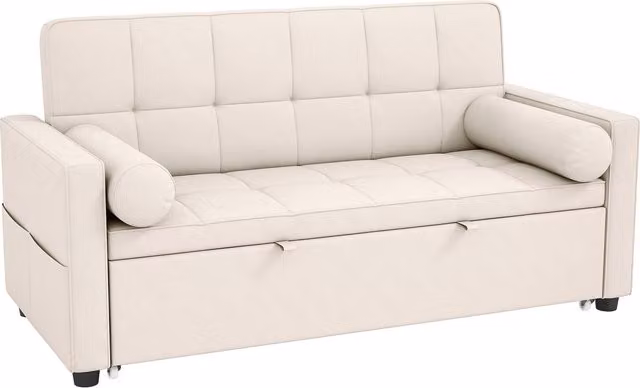 Divano letto 2 posti HOMCOM 3 in 1 con letto estraibile, schienale regolabile e 2 cuscini, beige, L: 137,5 cm, P: 80,5 cm, H: 84 cm – 1