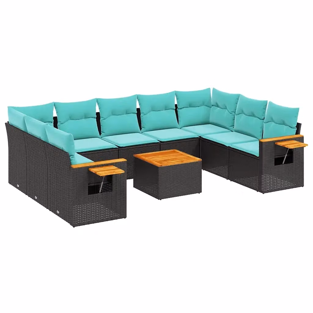 Set di divani da giardino vidaXL in polyrattan nero con 10 pezzi, compresi cuscini e tavolino da esterno a forma di U – 2