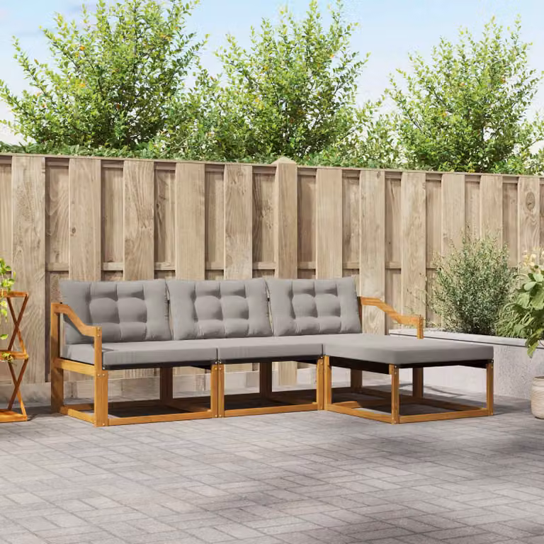 vidaXL Set di divani da esterno a L composto da 4 pezzi in legno di acacia con cuscini in tessuto beige e grigio