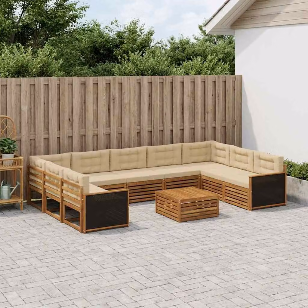 Set di divani da esterno a forma di U vidaXL in legno di acacia con cuscini, colore beige e sabbia
