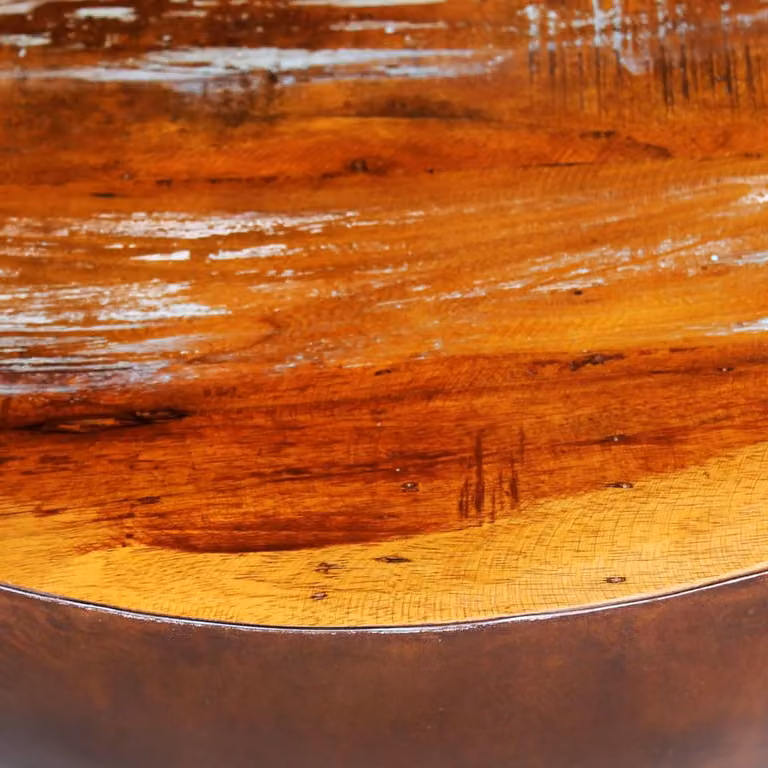 Tavolino a forma di ciotola con base in acciaio in legno massiccio antico
