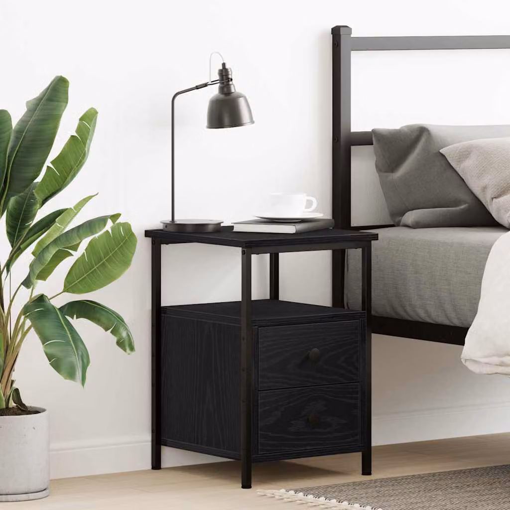 Comodino moderno vidaXL in legno e metallo nero, sospeso a parete, L: 34 cm, P: 35,5 cm, H: 50 cm