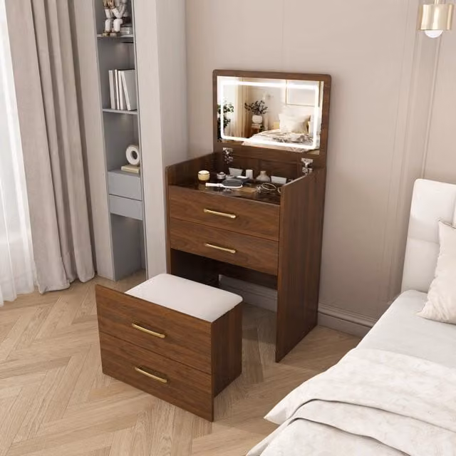 Tavolo da toeletta 3 in 1 con specchio apribile e sgabello, MDF noce, per camera da letto, 60 × 40 × 118 cm