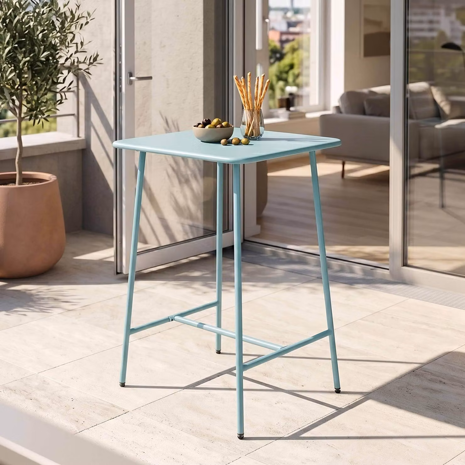 Tavolo alto da giardino quadrato in acciaio blu turchese di 70 cm - Oviala Palavas