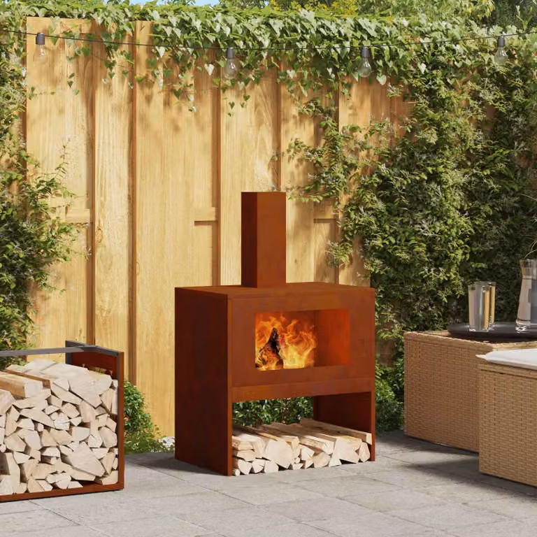 Braciere vidaXL in acciaio color ruggine con base in legno, H: 40,0 cm, L: 60,0 cm, P: 58,0 cm