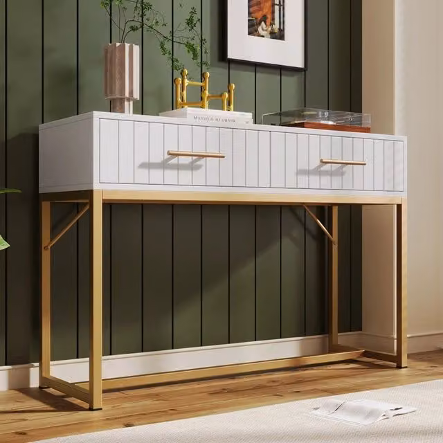 Cassettiera Toeletta con Specchio MINIMAL Bianco e Oro L: 100 cm, H: 75 cm, P: 45 cm