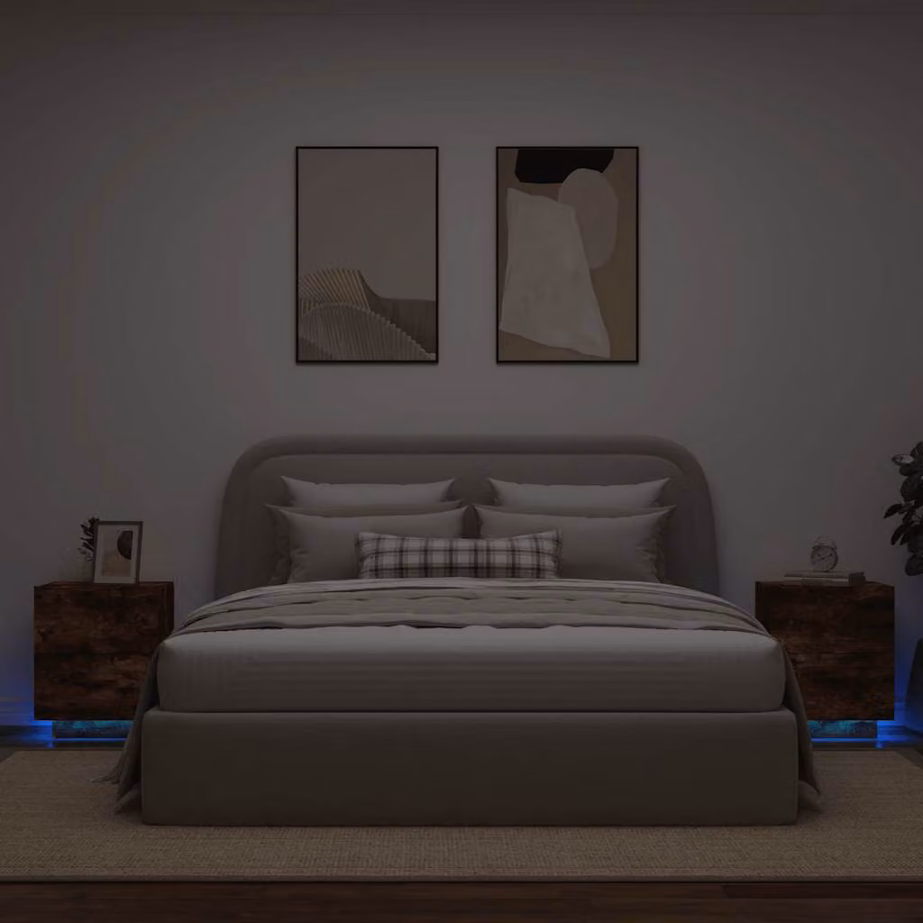 Set di 2 comodini sospesi vidaXL con luci LED integrate in legno Rovere Fumo, design moderno per camera da letto