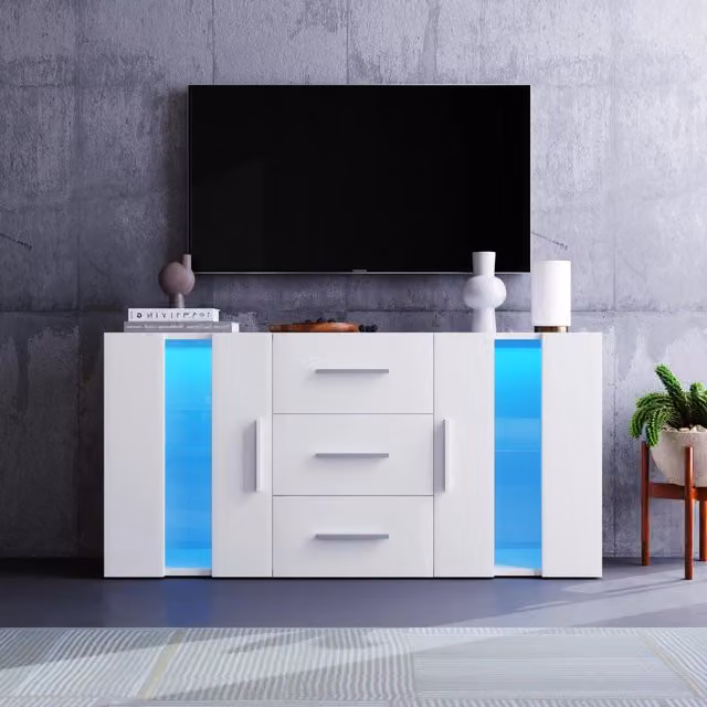 Mobile TV con LED USB, 2 ante, 3 cassetti e ripiani rimovibili per soggiorno in MDF bianco, 140 × 35 × 70 cm