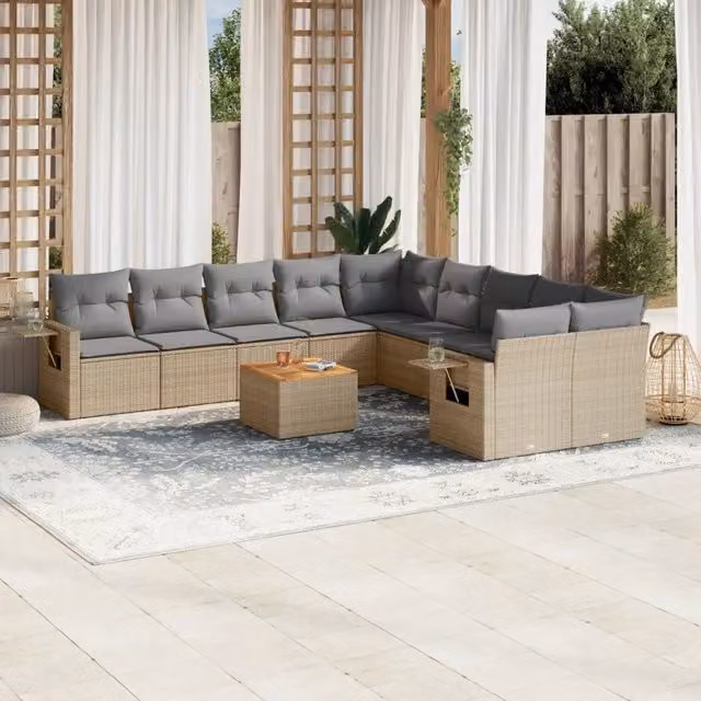 Set di divani da giardino vidaXL in polyrattan da 11 pezzi con cuscini beige e tavolino da esterno a forma di L – 1