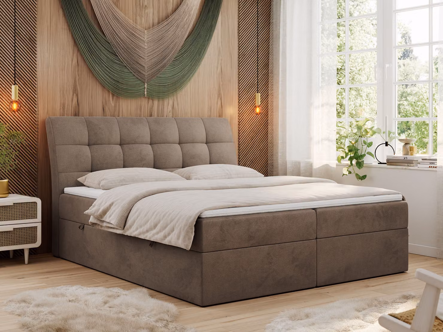 Letto boxspring 200x200 con materasso, letto con materasso Multipocket - H3 e topper, letto imbottito 200x200 con contenitore e testiera, DIEGOS - 200x200 - Marrone - Velvet - H3