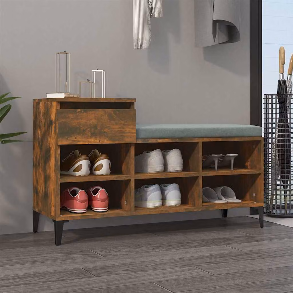 Scarpiera moderna vidaXL in legno e metallo colore rovere, con seduta integrata e mensole, L 102 x P 36 x H 60 cm