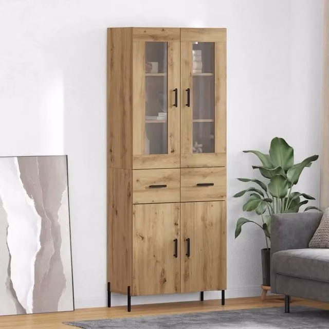 Credenza vidaXL in legno rovere marrone con ante in vetro e ripiani interni, design minimalista, L: 69,5 cm, P: 34 cm, H: 180 cm
