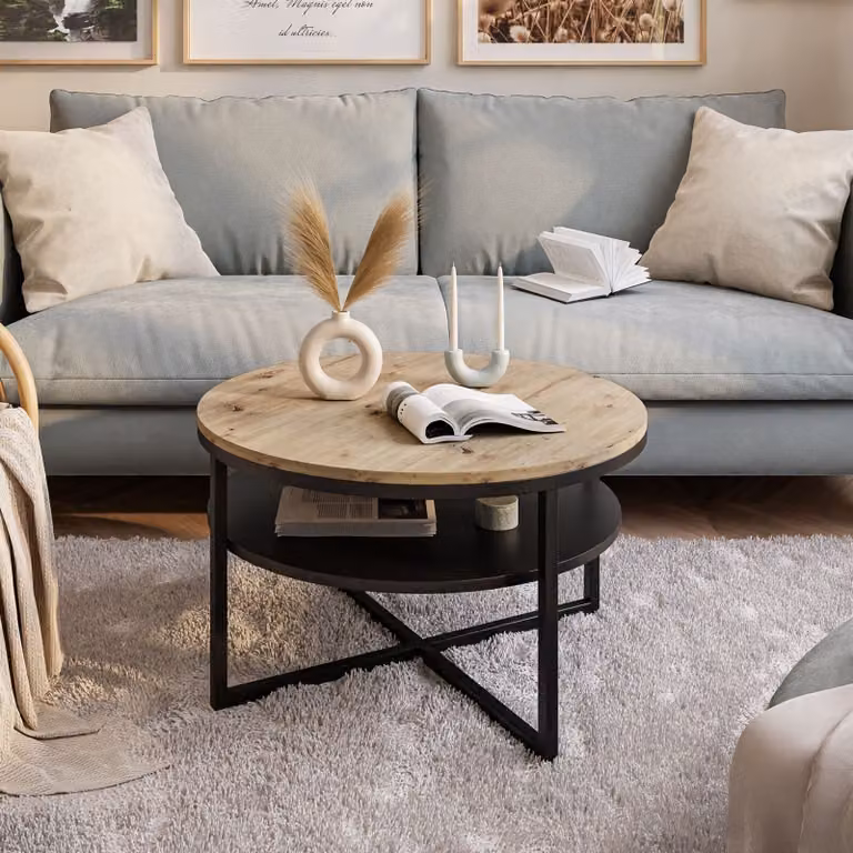 Tavolino rotondo CIRI-X con ripiano, nero / rovere Artisan