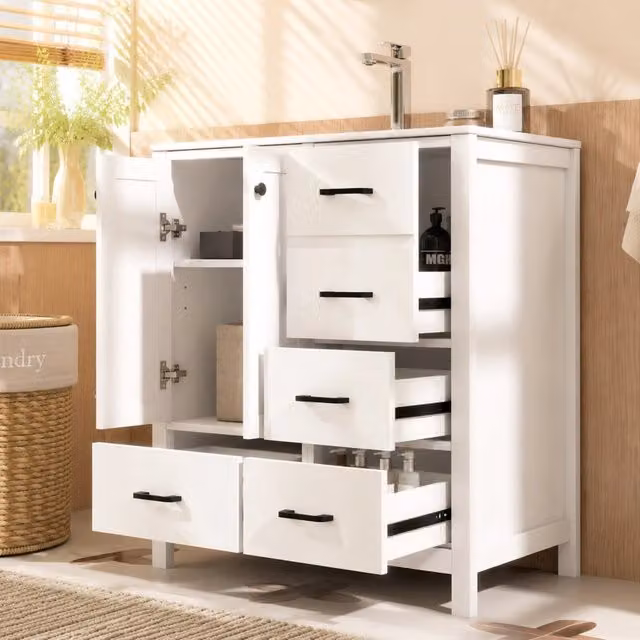 Mobile lavabo da bagno 76x46x82 cm, bianco, laccato completo con lavandino in ceramica integrato, cassetti e ripiani regolabili