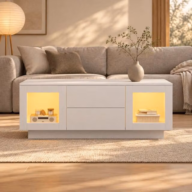 Tavolino da salotto 100x50x40 cm bianco con LED RGB; 2 cassetti e 2 vani HAVRYA