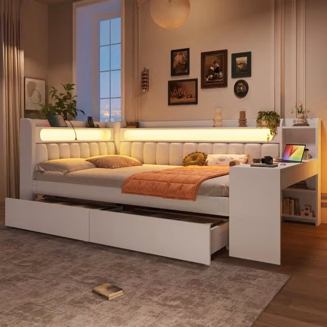 Letto imbottito bianco 140x200 cm con scrivania integrata; LED e cassetti