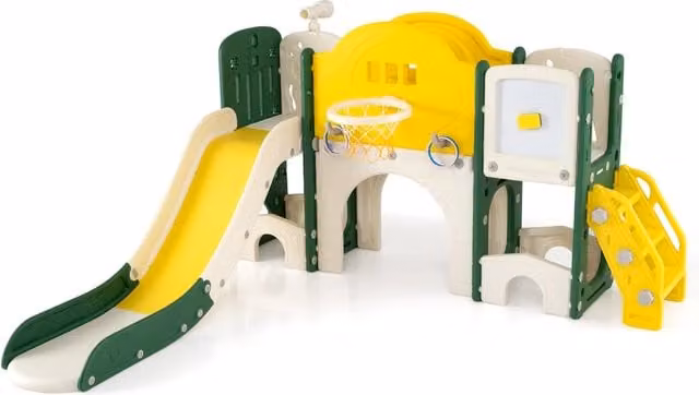 Set scivolo bambini 10 in 1 arrampicata lavagna magnetica telescopio lancio anelli, Scivolo canestro basket tunnel strisciare corridoio lungo spazio stoccaggio