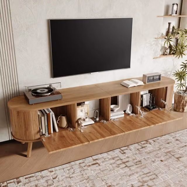 Mobile TV MODFU in stile vintage color marrone con ante a ribalta e piedini in legno L/P/H: 180 x 38 x 47 cm