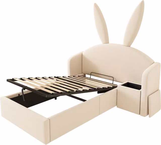 Letto singolo contenitore per bambini con comodino e design a orecchie da coniglio in velluto beige, L/P: 90 x 200 cm