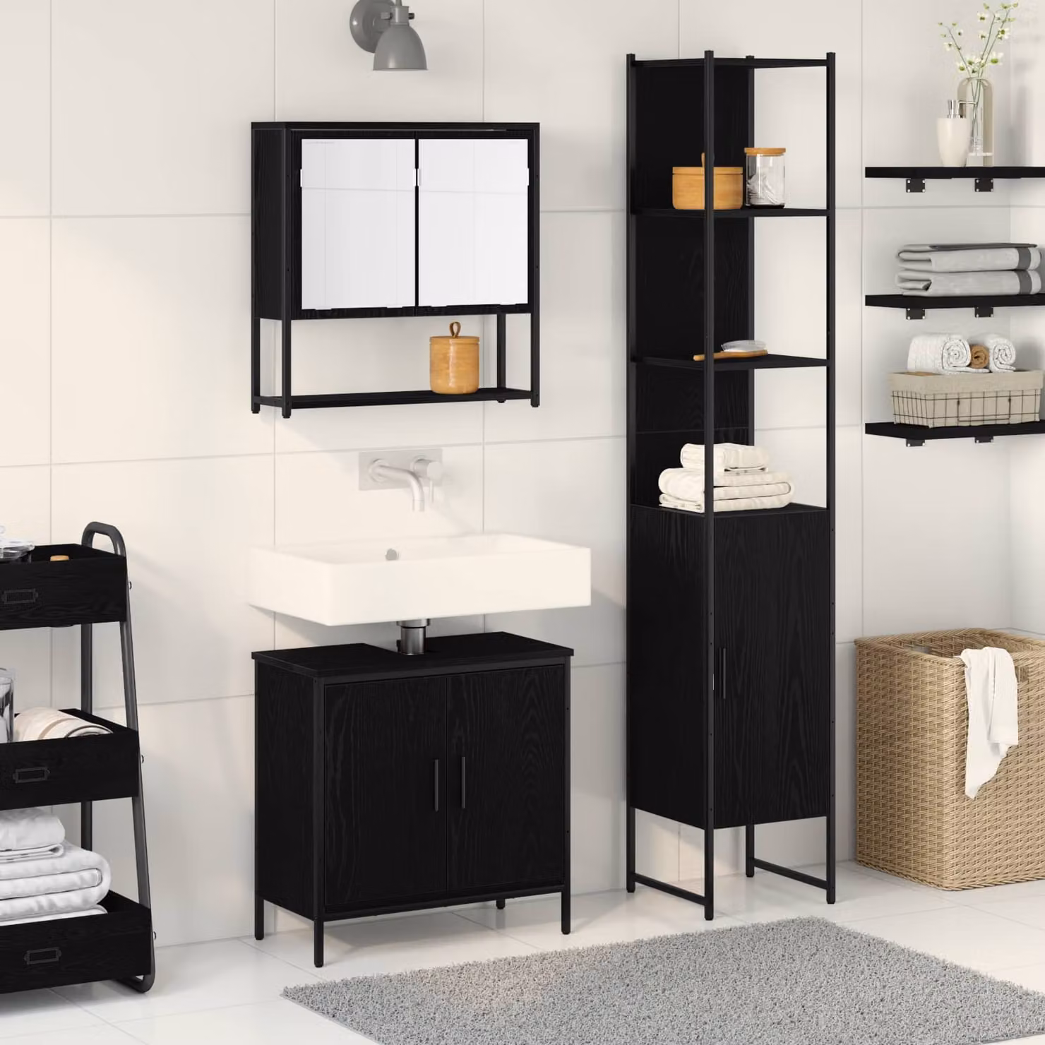 Set di mobili da bagno moderno vidaXL in 3 pezzi nero opaco in MDF composto da mobile sottolavabo, mobileto laterale e armadietto con specchio