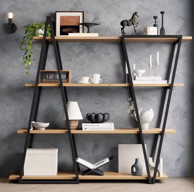 Libreria ULEVR 158x35x166 cm con 4 ripiani in MDF effetto rovere, struttura geometrica in ferro nero