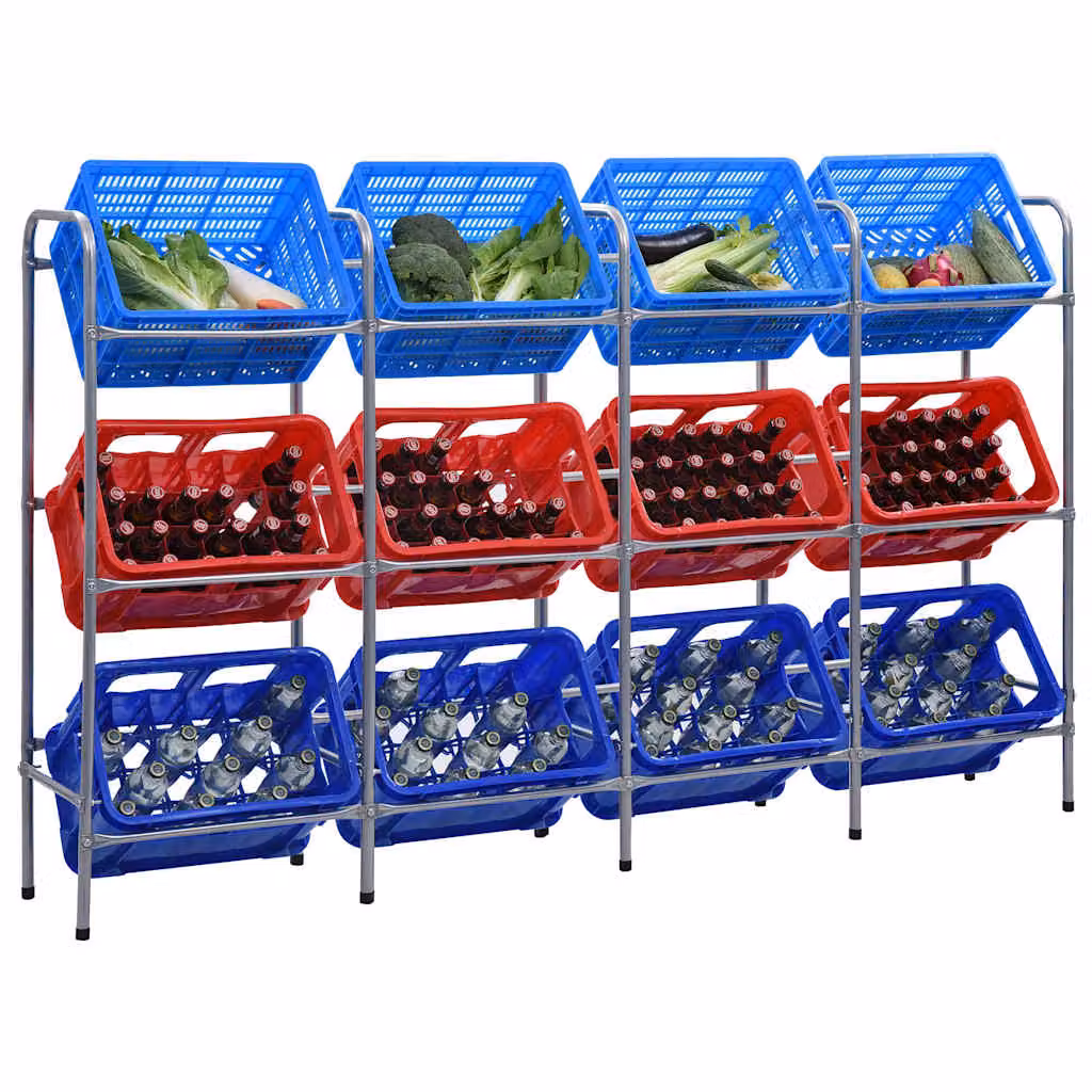 vidaXL Supporto con Ripiani per 12 Casse Argento L: 190 cm, P: 33 cm, H: 116 cm