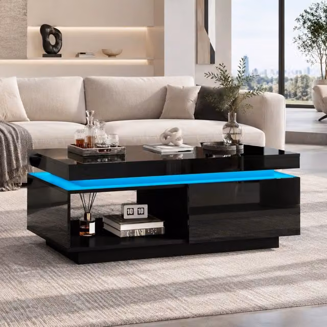 Tavolino basso Mivray con illuminazione LED e cassetto in nero lucido L: 100 cm, P: 50 cm, H: 40.3 cm – 1