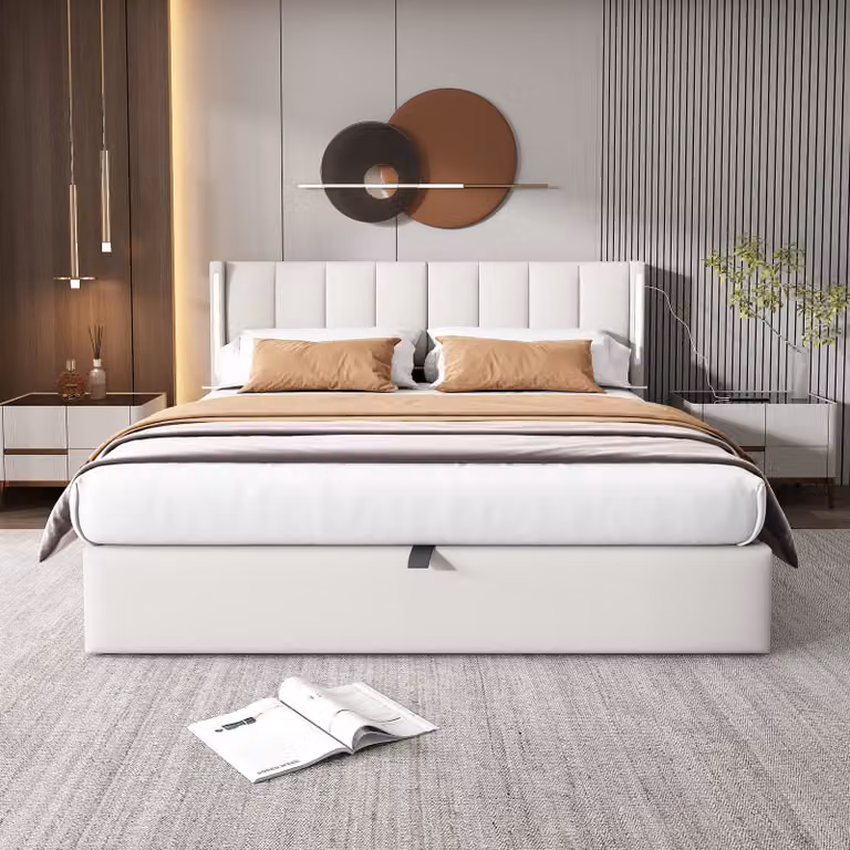 MODFU Letto boxspring idraulico 160 x 200 cm con retroilluminazione a LED, letto imbottito funzionale con porta di ricarica USB, letto matrimoniale con vano contenitore,Poliuretanobianco (senza materasso)
