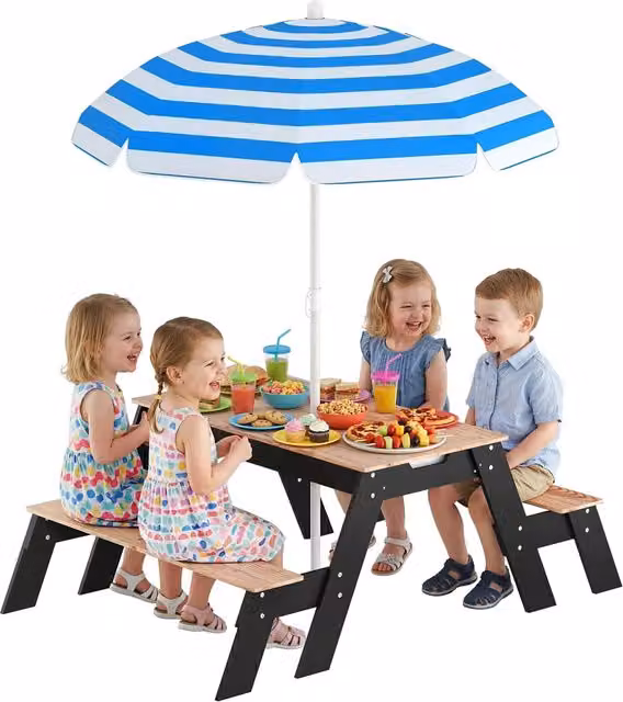 Tavolo da picnic 3in1 per bambini XYLO con ombrellone e 2 cassetti in legno di abete naturale per 3-6 anni