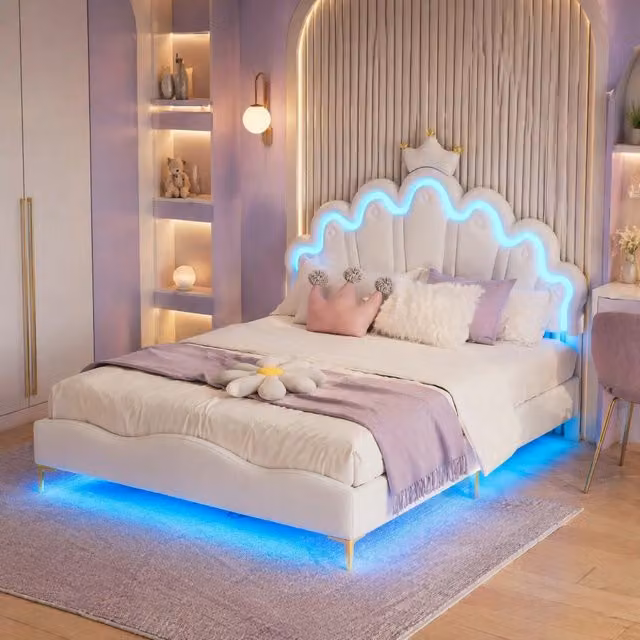 Letto Matrimoniale 140x200cm con Testiera a Forma di Corona, Imbottitura in Pelle PU, Striscia LED Regolabile, Bianco