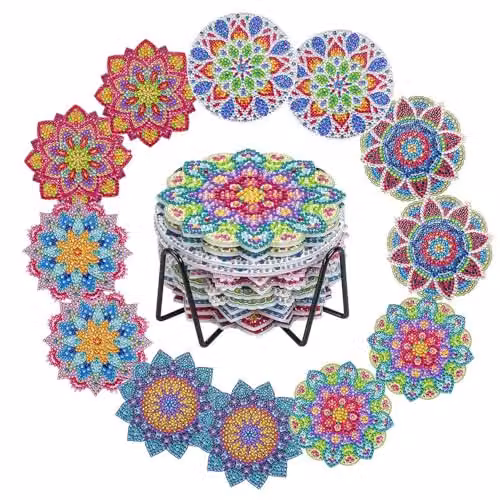 Ideen mit Herz 12 sottobicchieri con supporto in metallo, 12 sottobicchieri in sughero, con diamanti e strumenti, 29 pezzi (Mandala 03)