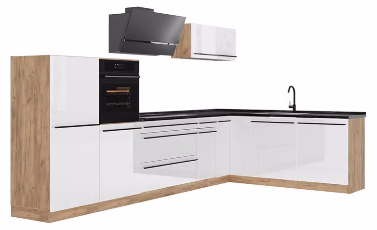 Cucina angolare completa Vicco R-Line Bianco lucido/Rovere dorato 347 x cm piano di lavoro Antracite, Model 66849