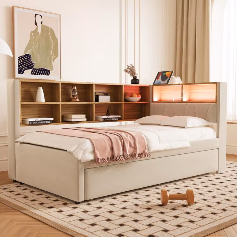 STILVORA Divano letto 90x200 cm, daybed con luci a LED e prese elettriche, lettino per bambini con numerosi vani portaoggetti, beige (senza materasso)