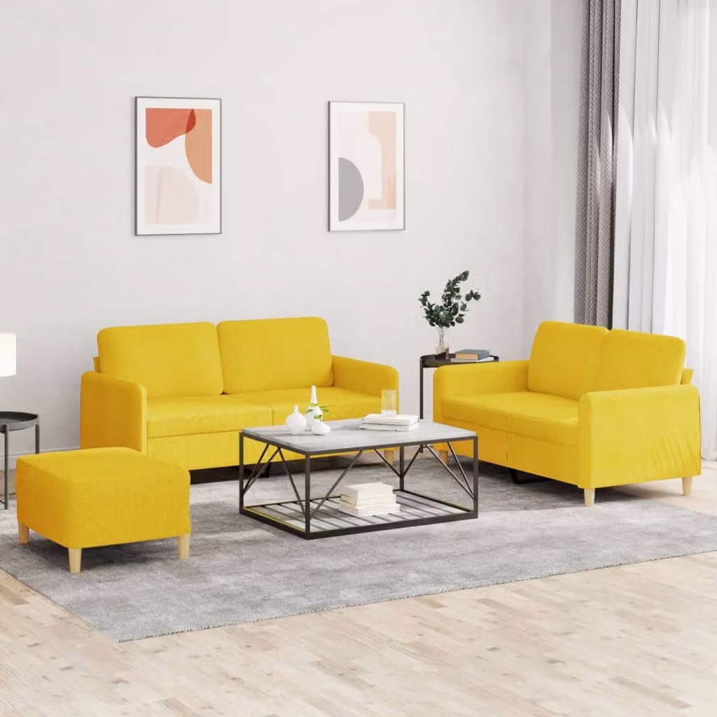 Set di divani da soggiorno vidaXL in tessuto giallo con cuscini decorativi e struttura in metallo e MDF