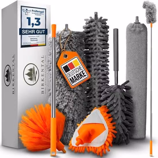 Set di 7 spazzole Magic Duster Birkental multicolore con asta telescopica allungabile fino a 2,50 m e microfibra magnetica per la rimozione della polvere