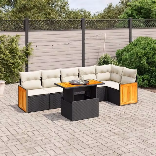 Set di Divani da Giardino Moderno VIDAXL in Polyrattan Nero con 7 Cuscini a Forma di L
