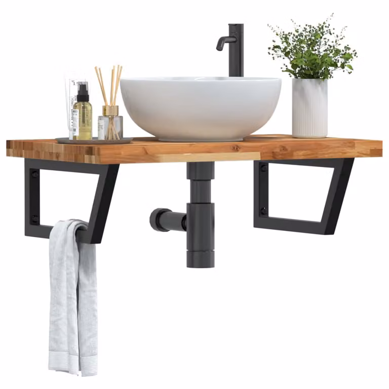 vidaXL Ripiano a Parete per Lavabo in Accacia e Metallo, Nero e Marrone, L: 50 cm, P: 24 cm, H: 3 cm