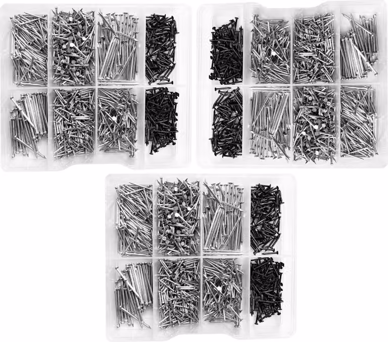 Set di 3375 chiodi piccoli in scatole di plastica assortite (11-30 mm)