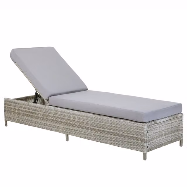 Lettino prendisole grigio finto rattan con cuscino poggiatesta regolabile