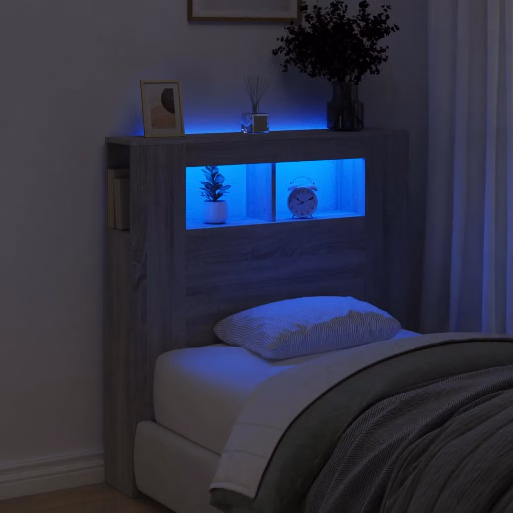 Testiera per letto con illuminazione LED e porta USB vidaXL in legno multistrato, Grigio Sonoma, L 100 x P 18,5 x H 103,5 cm