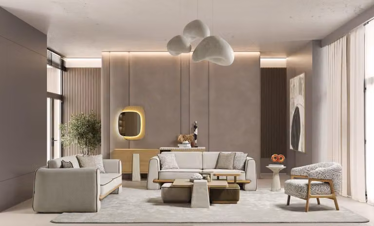 Wohnzimmer Weiß-Beige Polstergarnitur 2x Sofas Textilsessel Tische