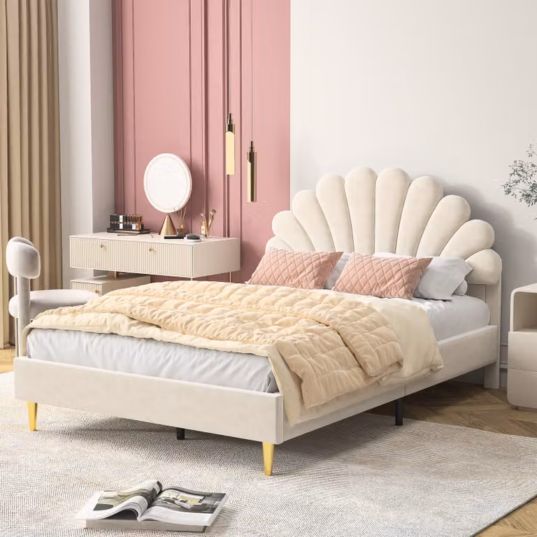 Letto imbottito matrimoniale 140x200 cm, con testata a forma di fiore e rete a doghe, in velluto, beige, design moderno, ideale per camere da letto, comodo ed elegante