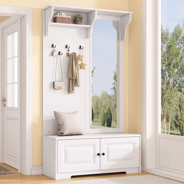 Set di mobili da ingresso con specchio 5 ganci 2 armadietti e scarpiera in MDF bianco 100 × 40 × 180 cm