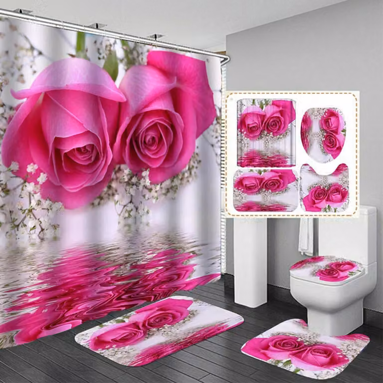 Rosa Rosa Impermeabile Bagno Tenda Doccia Toilette Coprire Bagno Tappeto Piedistallo - Tipo A