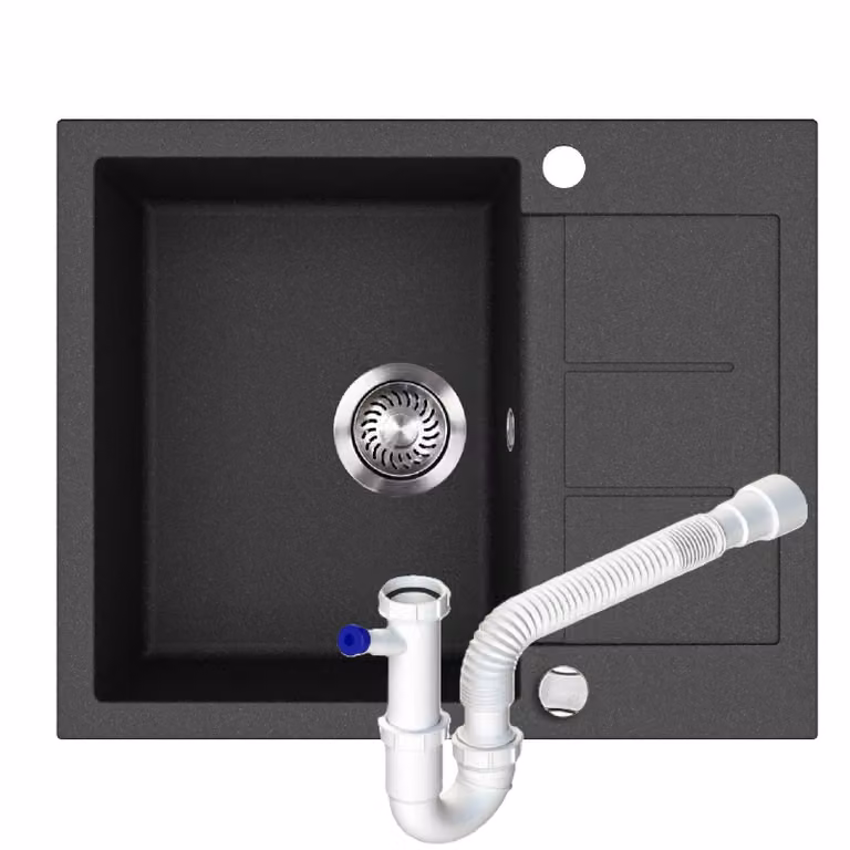 Lavello da cucina in granito 62×50 cm Lavello da incasso con sifone, vasca singola SQT102-601AW
