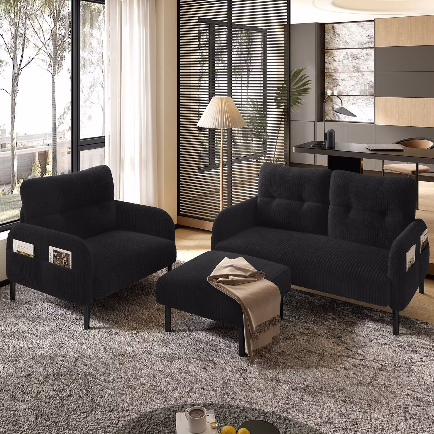 Sweiko Cord set di 3 poltrone + sgabello + divano a 2 posti con tasca laterale Struttura in acciaio tubolare e schienale extra morbido Seduta profonda per il massimo comfort Combinabile in modo modulare per il soggiorno, nero
