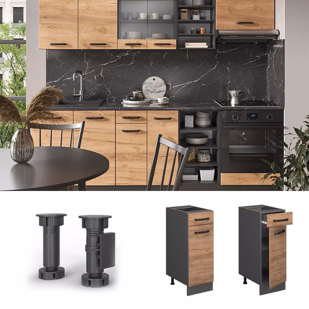 Mobiletto base per cucina Vicco R-Line Rovere e Antracite con ante e cassetti L: 30 cm, H: 81,6 cm, P: 60 cm – 2