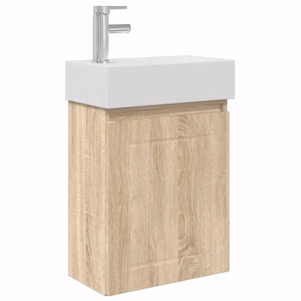 Mobile bagno moderno vidaXL in legno rovere e ceramica bianca, sospeso, L: 45,5 cm, P: 25,5 cm, H: 84 cm – 2